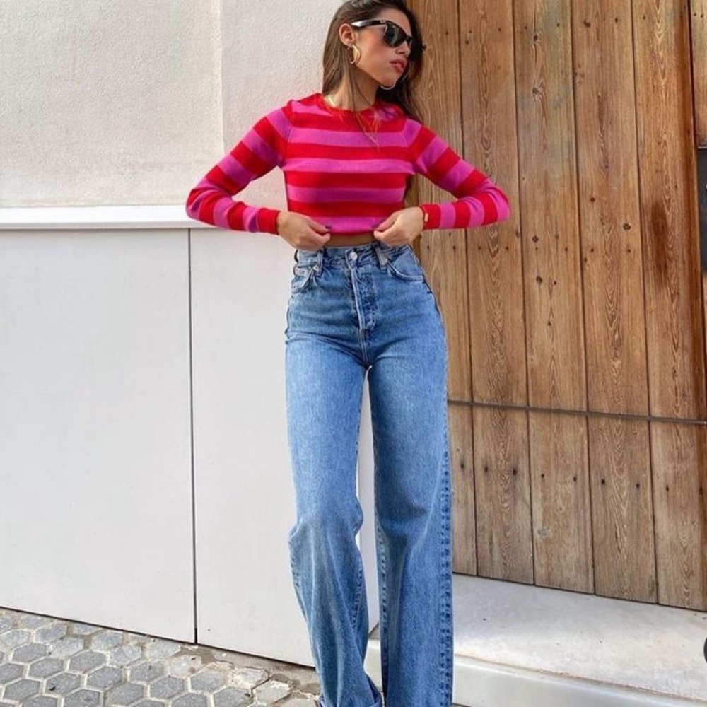 ZARA wide leg split hem full length high rise jeans raw hem blogger favorite